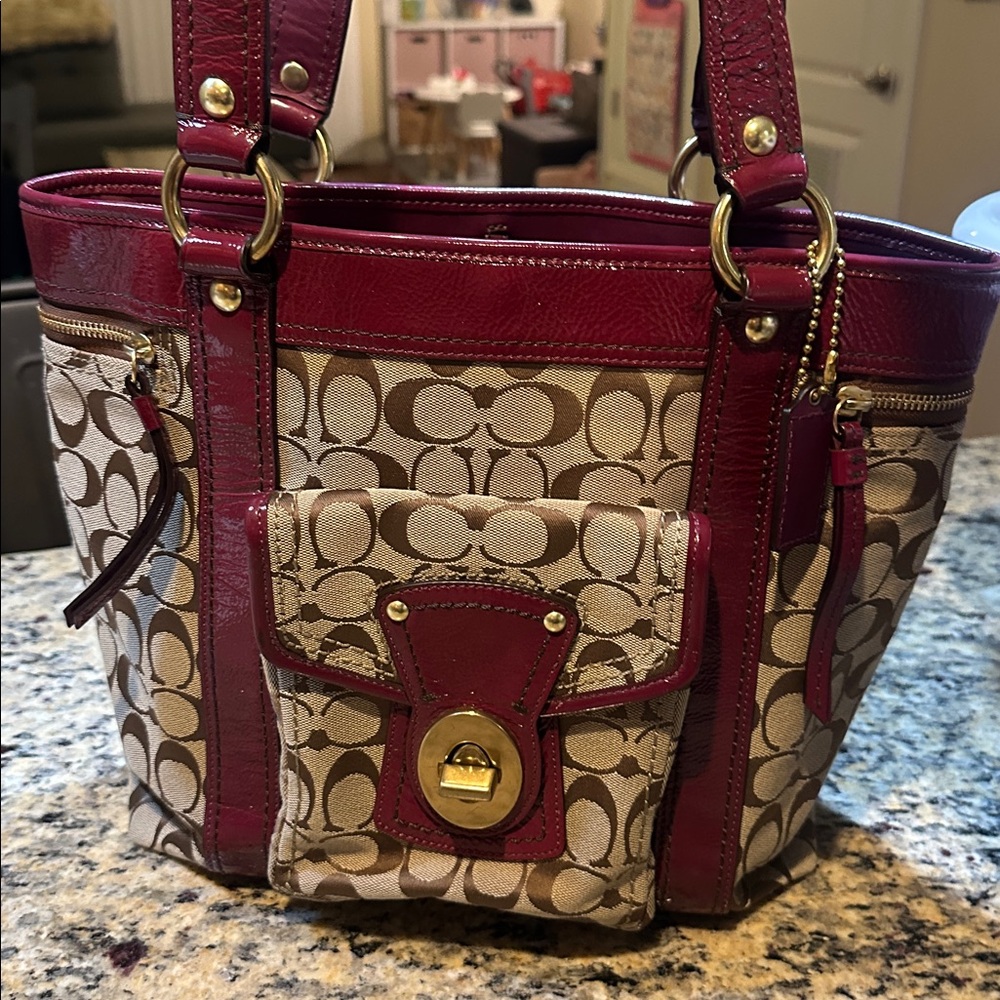 Coach Legacy Signature Tote with Magenta Patent Leather